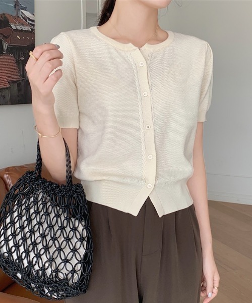 セール】パフスリーブ半袖ニットカーディガン 羽織り/トップス