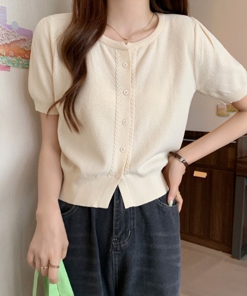 yuue' ( wear )（ユーイ）の「パフスリーブ半袖ニットカーディガン 羽織り/トップス（カーディガン/ボレロ・レディース・ブラック/ホワイト/ピンク/ベージュ・FREE）」の19枚目の写真