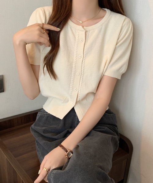 セール】パフスリーブ半袖ニットカーディガン 羽織り/トップス