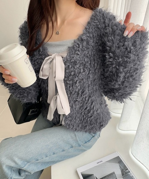 mily bilet(ミウィビレット)の「【mily bilet】新感覚の着心地、前後2WAYデザインのキラモコカーディガン(カーディガン/ボレロ・レディース・ライトグレー/チャコールグレー/アイボリー・LARGE/MEDIUM/SMALL/X-LARGE)」の9枚目の写真