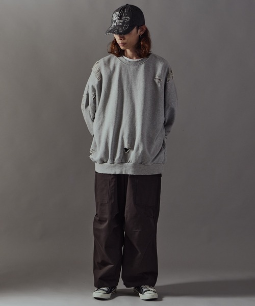 セール】Damage processing Crew neck sweatshirt / ダメージ加工