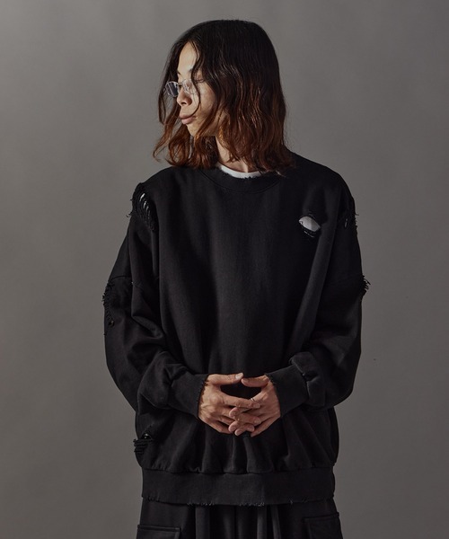 セール】Damage processing Crew neck sweatshirt / ダメージ加工
