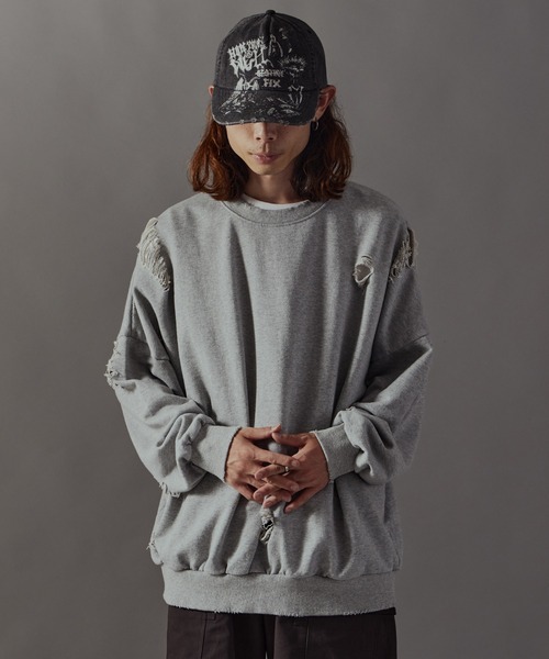 セール】Damage processing Crew neck sweatshirt / ダメージ加工