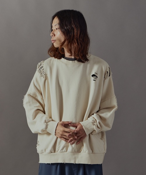 セール】Damage processing Crew neck sweatshirt / ダメージ加工