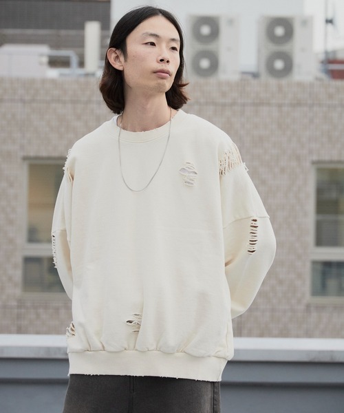 セール】Damage processing Crew neck sweatshirt / ダメージ加工