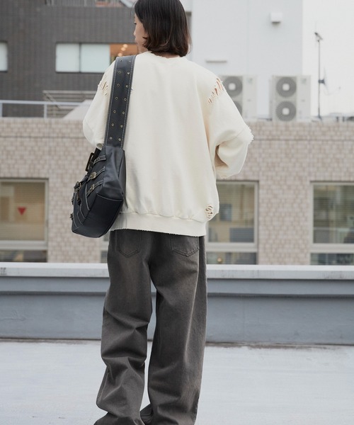 セール】Damage processing Crew neck sweatshirt / ダメージ加工