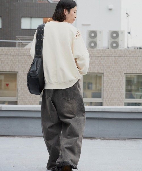セール】Damage processing Crew neck sweatshirt / ダメージ加工