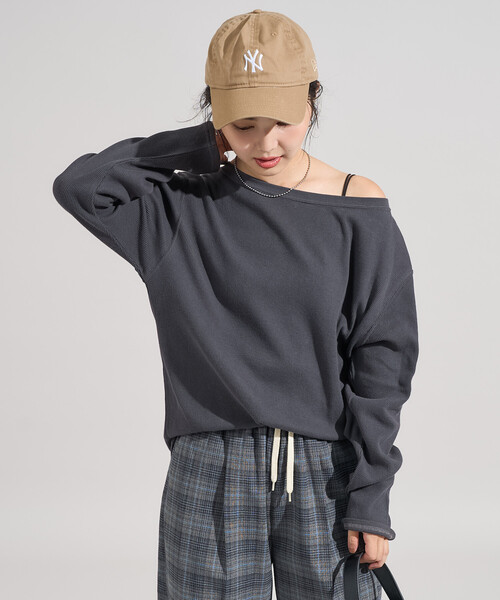 セール】オフショルダー ワッフルロンT（Tシャツ/カットソー