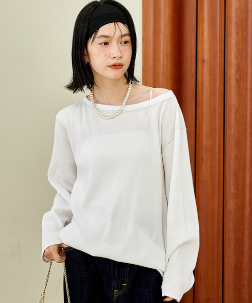 FREAK'S STORE(フリークスストア)の「オフショルダー ワッフルロンT(Tシャツ/カットソー・レディース・チャコールグレー/オフホワイト/グリーン・フリ-)」の13枚目の写真