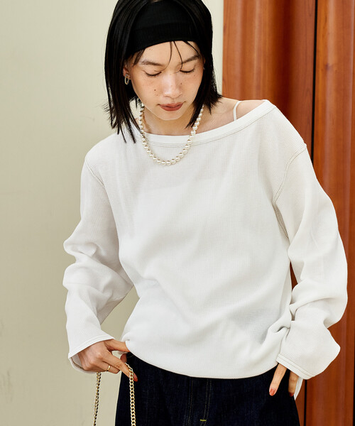FREAK'S STORE(フリークスストア)の「オフショルダー ワッフルロンT(Tシャツ/カットソー・レディース・チャコールグレー/オフホワイト/グリーン・フリ-)」の17枚目の写真