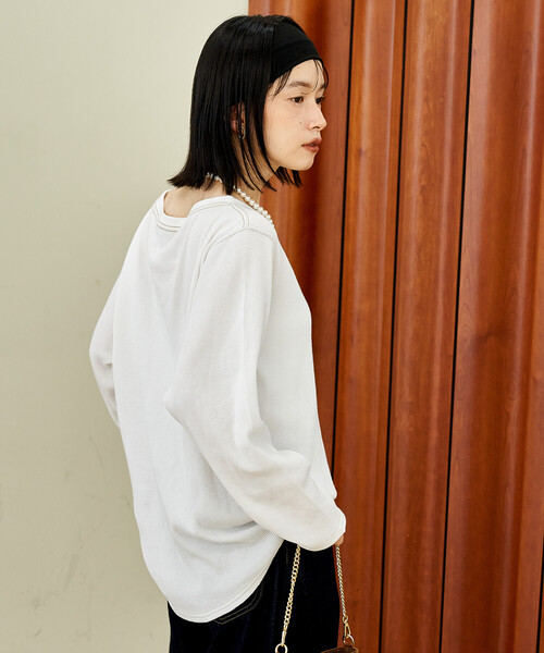 FREAK'S STORE(フリークスストア)の「オフショルダー ワッフルロンT(Tシャツ/カットソー・レディース・チャコールグレー/オフホワイト/グリーン・フリ-)」の6枚目の写真