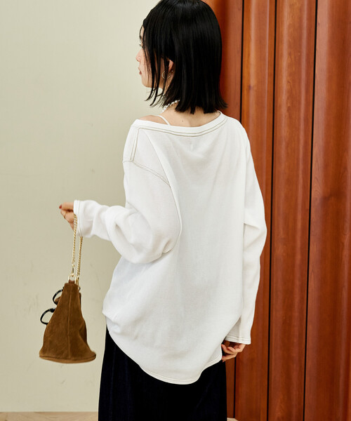 FREAK'S STORE(フリークスストア)の「オフショルダー ワッフルロンT(Tシャツ/カットソー・レディース・チャコールグレー/オフホワイト/グリーン・フリ-)」の10枚目の写真