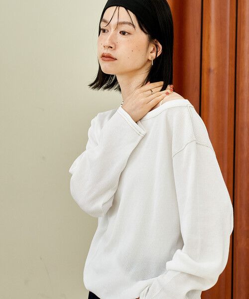 FREAK'S STORE(フリークスストア)の「オフショルダー ワッフルロンT(Tシャツ/カットソー・レディース・チャコールグレー/オフホワイト/グリーン・フリ-)」の12枚目の写真
