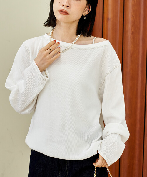 FREAK'S STORE(フリークスストア)の「オフショルダー ワッフルロンT(Tシャツ/カットソー・レディース・チャコールグレー/オフホワイト/グリーン・フリ-)」の15枚目の写真