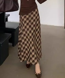 ロング リボン付き チェック柄 マキシ スカート