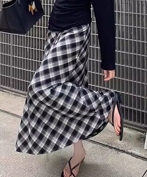 セール】ロング リボン付き チェック柄 マキシ スカート（スカート