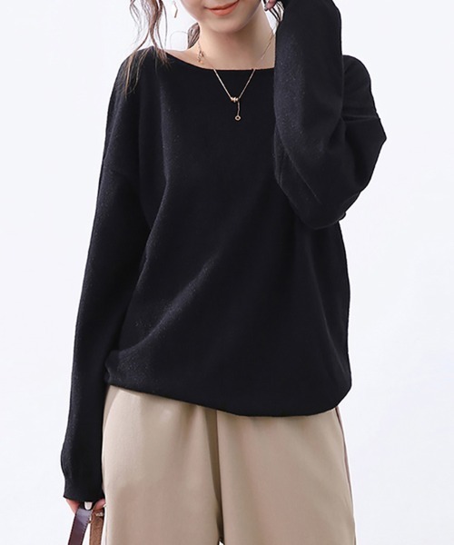 ONEP STAR(ワンピスター)の「カシミヤタッチボートネックニット(ニット/セーター・レディース・グレー/オフホワイト/ブルー/レモンイエロー/ブラック/ホワイト×ブラック/グレイッシュベージュ/ダークブラウン/ブラウン/ピンク/グリーン/ワインレッド/ベージュ/パープル/オレンジ/ミント/モカ/オートミール/ダークブルー/チョコ/テラコッタ・FREE)」の4枚目の写真