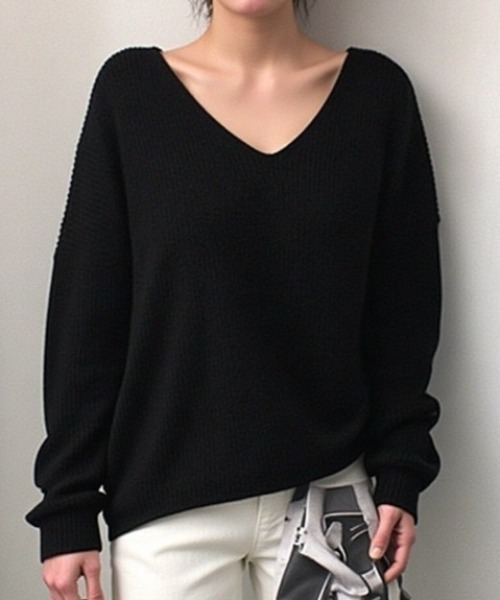 cammie(キャミー)の「ドロップショルダーVネックリブニット(ニット/セーター・レディース・ブルー/オフホワイト/ブラック・F)」の3枚目の写真