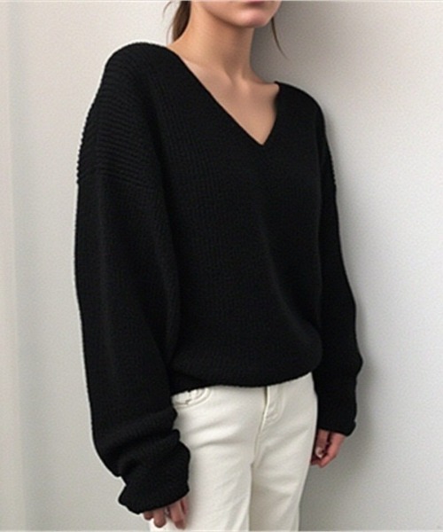 cammie(キャミー)の「ドロップショルダーVネックリブニット(ニット/セーター・レディース・ブルー/オフホワイト/ブラック・F)」の9枚目の写真