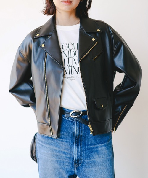 B:MING by BEAMS（ビーミングバイビームス）の「レザーライク ジャケット（S～M）（ライダースジャケット・レディース・ブラウン/ブラック・SMALL/MEDIUM）」の2枚目の写真