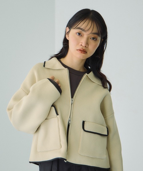 VICKY（ビッキー）の「ハイショクカラーニットショートブルゾン≪手洗い可能≫（ブルゾン・レディース・ブラック/アイボリー・M）」の2枚目の写真