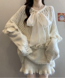 ViViDAY(ビビデー)の【上下2点セット】フロントリボン キラキラニットプルオーバー+キラキラニットスカート(セットアップ)