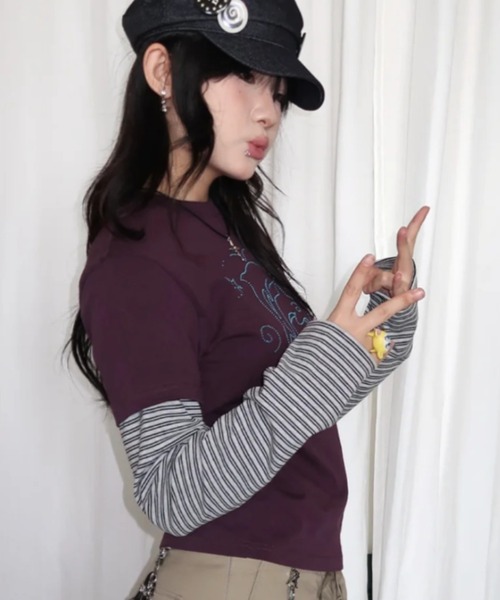 DIAVEL（ディアベル）の「フェイクレイヤード/ラインストーンTシャツ／Y2K可愛いトップス（Tシャツ/カットソー・レディース・ブラック/パープル・M）」の10枚目の写真