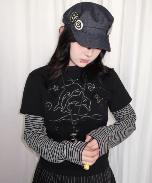 DIAVEL（ディアベル）の「フェイクレイヤード/ラインストーンTシャツ／Y2K可愛いトップス（Tシャツ/カットソー・レディース・ブラック/パープル・M）」の6枚目の写真