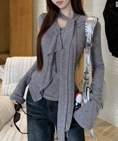 lilful（リルフル）の「リボンタイデザイン 裾フレア アシンメトリートップス（Tシャツ/カットソー・レディース・グレー・S/M）」の15枚目の写真