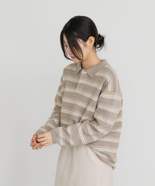 EKAL(エカル)の「ジャガードボーダーポロニット(ニット/セーター・レディース・ブラウン/ベージュ/ブラック・ONE)」の5枚目の写真