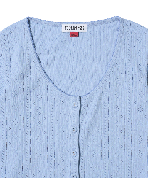 YOUHEE(ユヒ)の「EYELET CARDIGAN LIGHT BLUE(カーディガン/ボレロ・レディース・その他・SMALL/MEDIUM)」の4枚目の写真