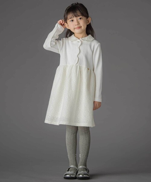 ワンピース Bebe knit dress Ivory セール】ニットリブ+レース起毛ドッキング長袖ワンピース（ワンピース