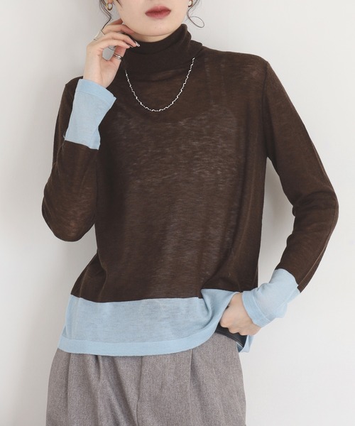 EGLANTINE（エグランティーヌ）の「EGLANTINE 配色薄手タートルネックニット（ニット/セーター・レディース・シルバーグレー/ブラウン/レッド/レモンイエロー・38）」の2枚目の写真