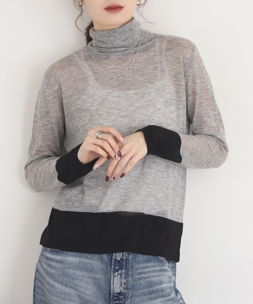 EGLANTINE（エグランティーヌ）の「EGLANTINE 配色薄手タートルネックニット（ニット/セーター・レディース・シルバーグレー/ブラウン/レッド/レモンイエロー・38）」の5枚目の写真