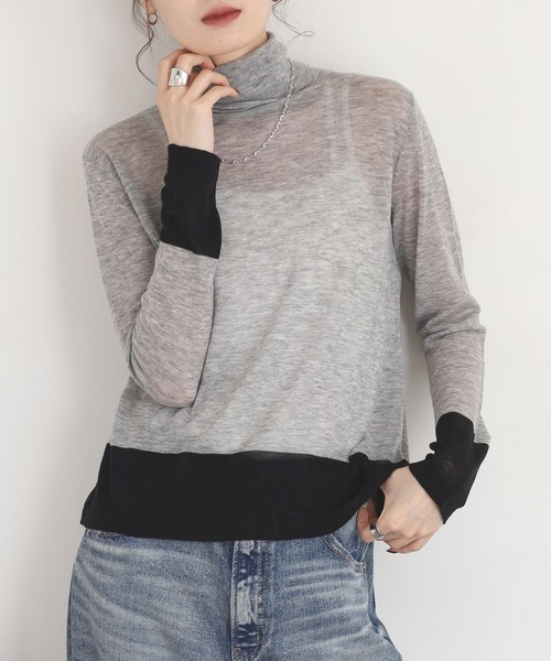 EGLANTINE（エグランティーヌ）の「EGLANTINE 配色薄手タートルネックニット（ニット/セーター・レディース・シルバーグレー/ブラウン/レッド/レモンイエロー・38）」の6枚目の写真