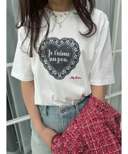 LILY BROWN(リリーブラウン)の「ハートモチーフプリントTシャツ(Tシャツ/カットソー・レディース・ホワイト/ライム/チャコールグレー・F)」の2枚目の写真