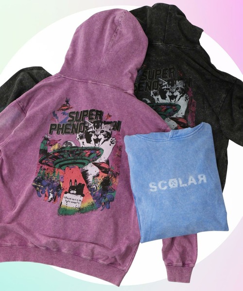 ScoLar（スカラー）の「ScoLar(スカラー) 超常現象プリント ケミカル加工裏毛パーカー（パーカー・レディース・チャコールグレー/ブルー・MEDIUM）」の8枚目の写真