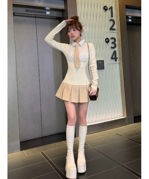 ネクタイシャツドッキングニットミニワンピース（ワンピース）｜Darich