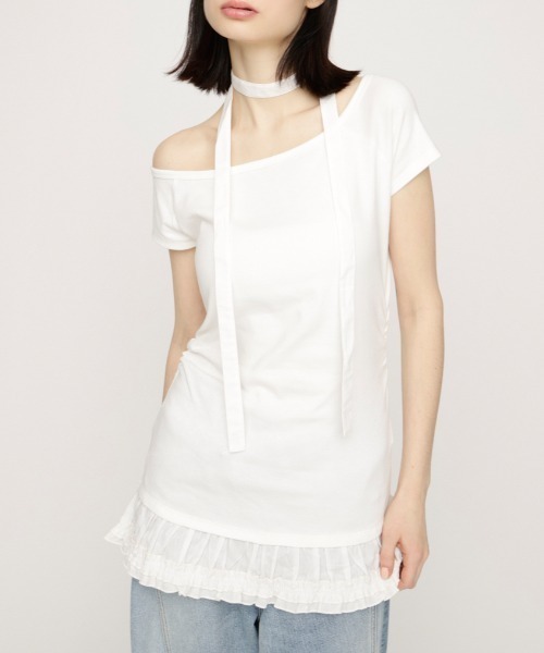 SLY(スライ)の「TIE FRILL GATHER TOPS タイフリルギャザートップス 春服 夏服(Tシャツ/カットソー・レディース・ブラック/ホワイト・FREE)」の1枚目の写真