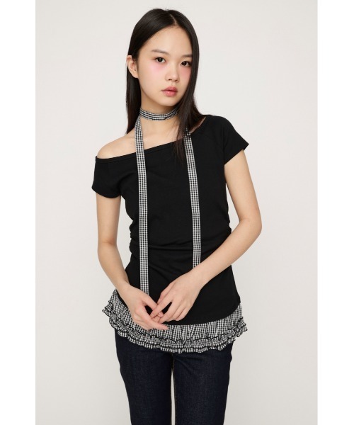 SLY(スライ)の「TIE FRILL GATHER TOPS タイフリルギャザートップス 春服 夏服(Tシャツ/カットソー・レディース・ブラック/ホワイト・FREE)」の3枚目の写真