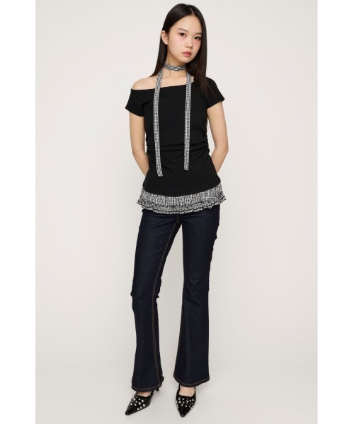 SLY(スライ)の「TIE FRILL GATHER TOPS タイフリルギャザートップス 春服 夏服(Tシャツ/カットソー・レディース・ブラック/ホワイト・FREE)」の4枚目の写真