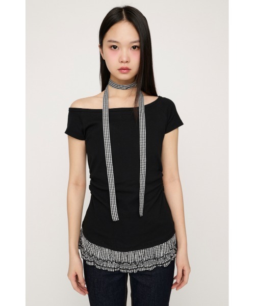 SLY(スライ)の「TIE FRILL GATHER TOPS タイフリルギャザートップス 春服 夏服(Tシャツ/カットソー・レディース・ブラック/ホワイト・FREE)」の6枚目の写真