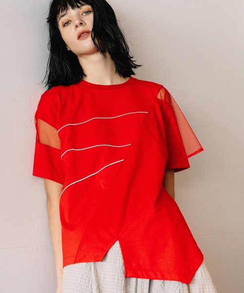 AULA AILA(アウラアイラ)の「シアーレイヤードエンブロイダリーラインTシャツ(Tシャツ/カットソー・レディース・レッド/オフホワイト/ブラック・0)」の11枚目の写真