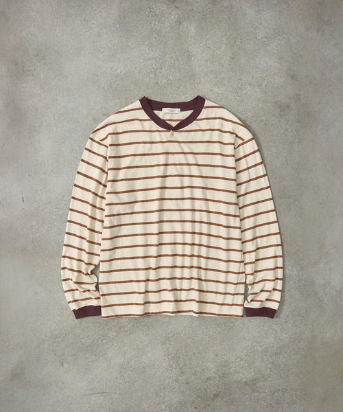 PUBLIC TOKYO(パブリックトウキョウ)の「ナチュラルボーダーヘンリーロンT /ウォッシャブル(Tシャツ/カットソー・メンズ・ベージュ/ブラック/サックスブルー・1/2)」の3枚目の写真