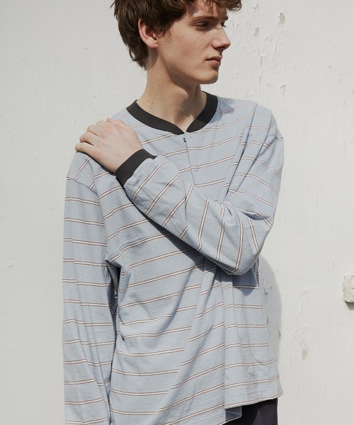 PUBLIC TOKYO(パブリックトウキョウ)の「ナチュラルボーダーヘンリーロンT /ウォッシャブル(Tシャツ/カットソー・メンズ・ベージュ/ブラック/サックスブルー・1/2)」の8枚目の写真