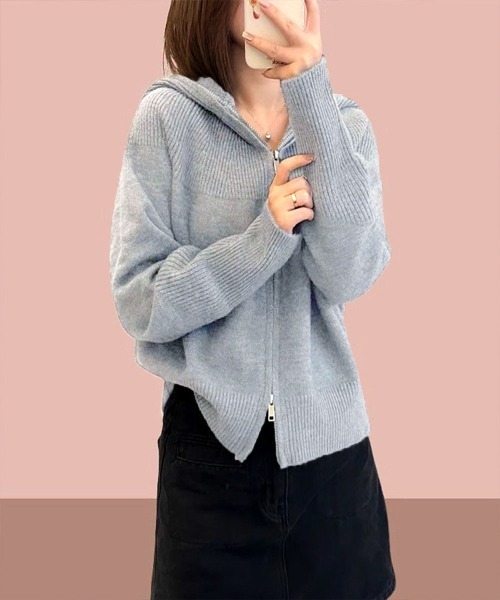 Miniministore（ミニミニストア）の「ダブルジップニットカーディガン 羽織 春（カーディガン/ボレロ・レディース・ライトブルー/アイボリー/ブラック/ライトグレー/ベージュ・FREE）」の6枚目の写真