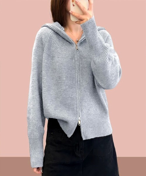 Miniministore（ミニミニストア）の「ダブルジップニットカーディガン 羽織 春（カーディガン/ボレロ・レディース・ライトブルー/アイボリー/ブラック/ライトグレー/ベージュ・FREE）」の7枚目の写真