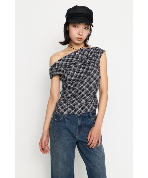 LAGUA GEM(ラグアジェム)の「NECK LOOSEY CHECK トップス(Tシャツ/カットソー・レディース・レッド/ネイビー/ブラック・FREE)」の10枚目の写真