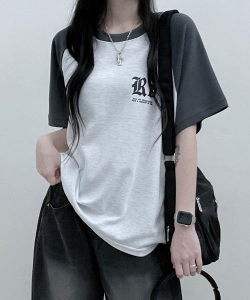 Emilie(エミリー)の「配色ラグラン半袖Tシャツ(Tシャツ/カットソー・レディース・ネイビー/ライトグレー/オートミール・FREE)」の2枚目の写真