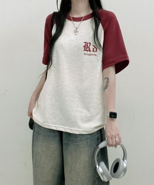 Emilie(エミリー)の「配色ラグラン半袖Tシャツ(Tシャツ/カットソー・レディース・ネイビー/ライトグレー/オートミール・FREE)」の7枚目の写真
